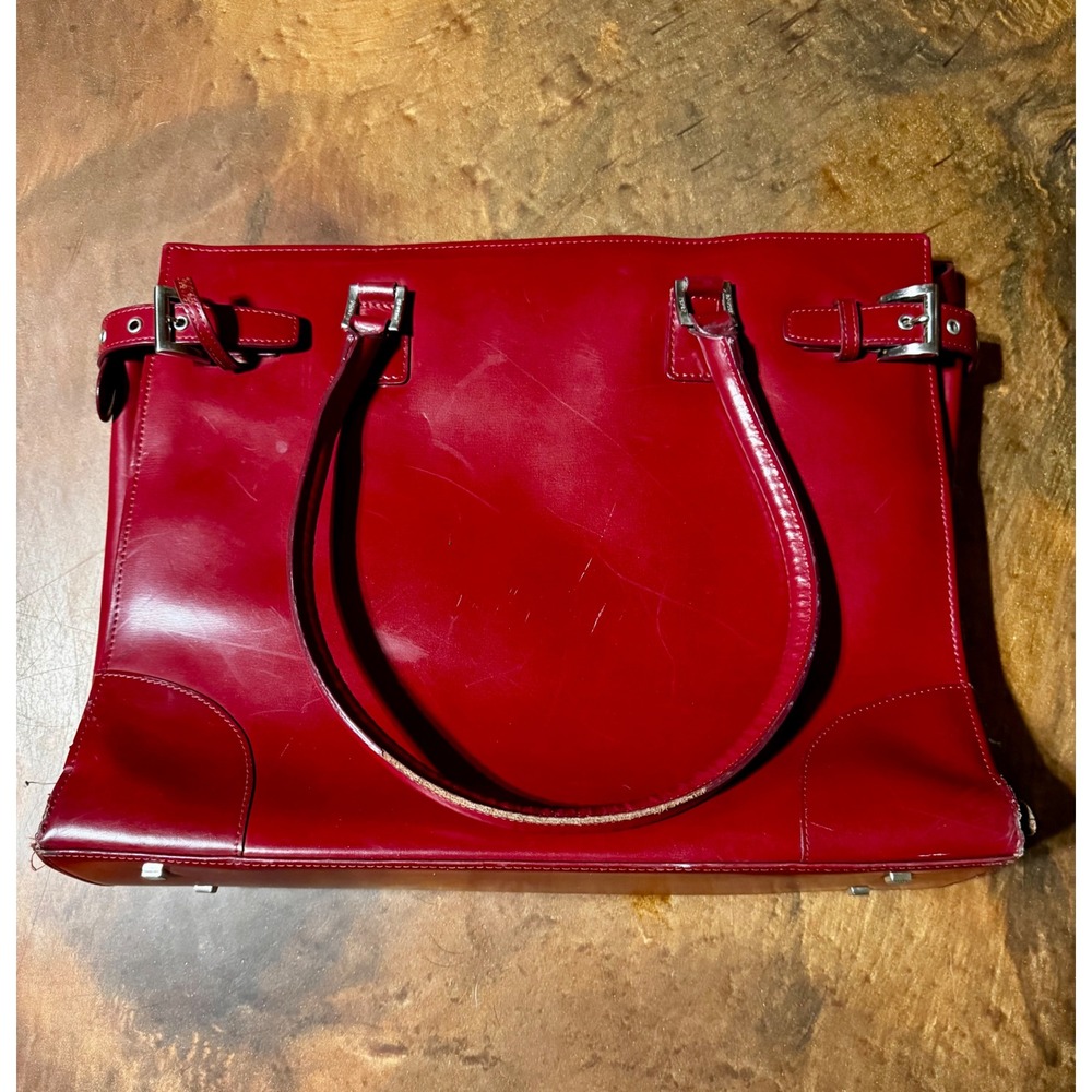 Red Leather Structured Buckle‎ Accent Tote Bag Stylish Designer Purse